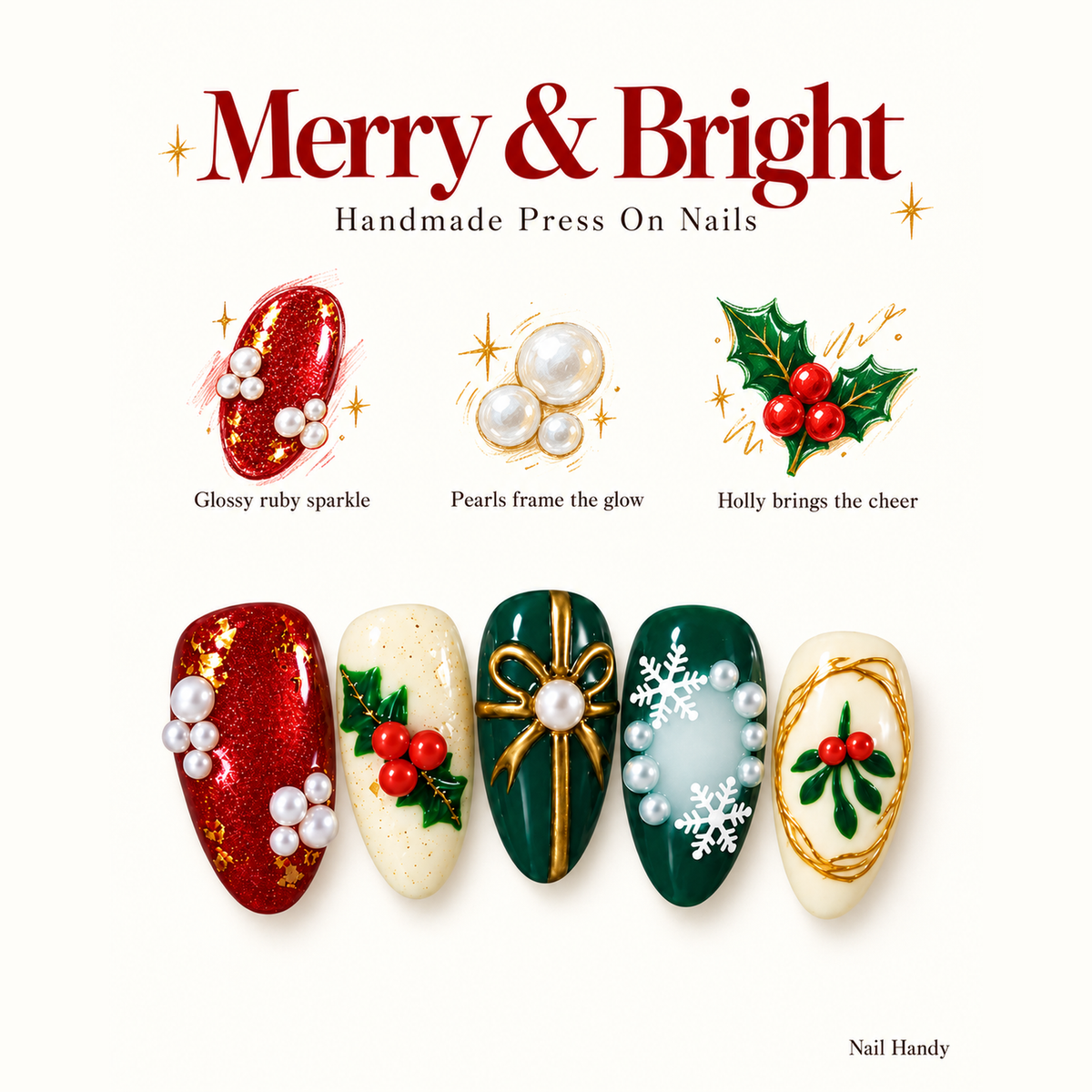 Holly Bow Keepsake Christmas Press-On Nails - press-on nail design concept and illustrated product story