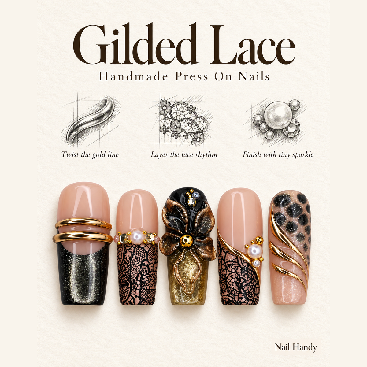 Gilded Midnight Bloom Press-On Nails - press-on nail design concept and illustrated product story