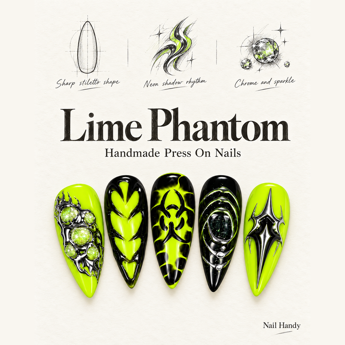 Acid Orbit Neon Green Press-On Nails - press-on nail design concept and illustrated product story