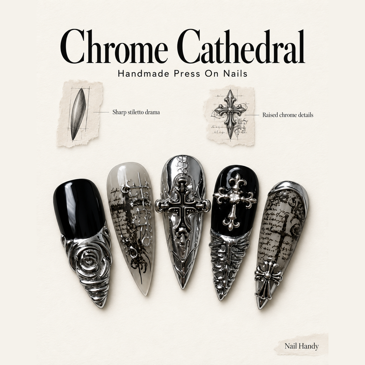 Chrome Cathedral Press-On Nails with Gothic Cross Details - press-on nail design concept and illustrated product story