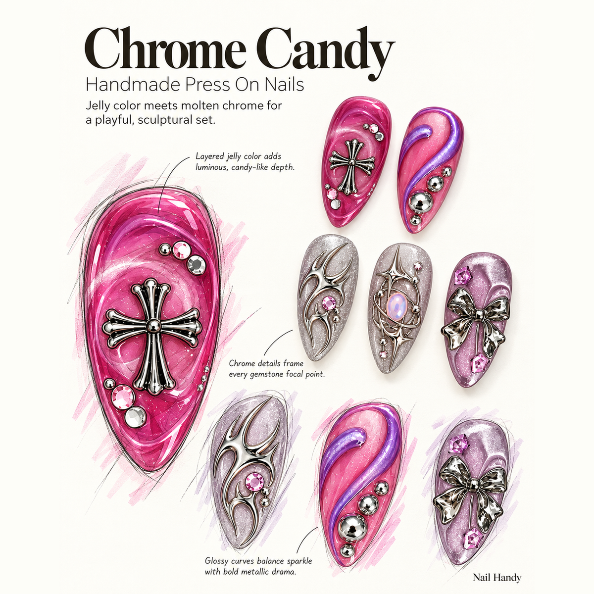 Pink Orbit Chrome Press-On Nails with Celestial Accents - press-on nail design concept and illustrated product story