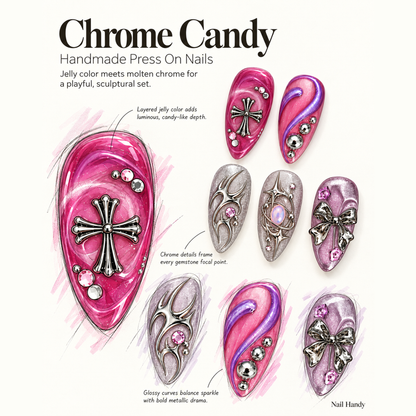 Pink Orbit Chrome Press-On Nails with Celestial Accents - press-on nail design concept and illustrated product story