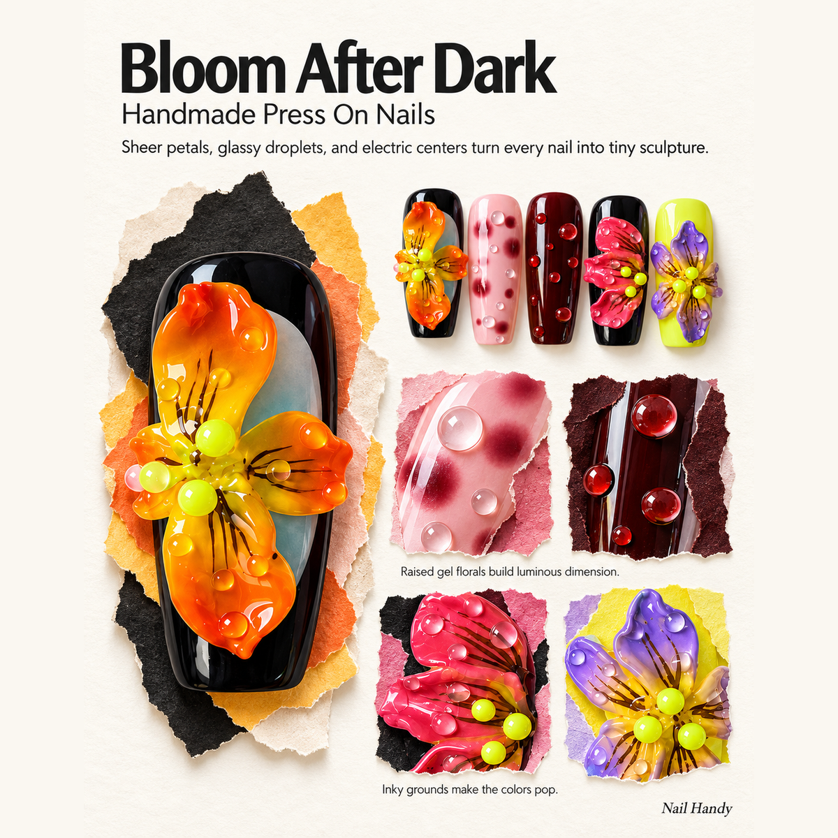 Neon Dew Blooms Press-On Nails with Sculptural Flowers - press-on nail design concept and illustrated product story