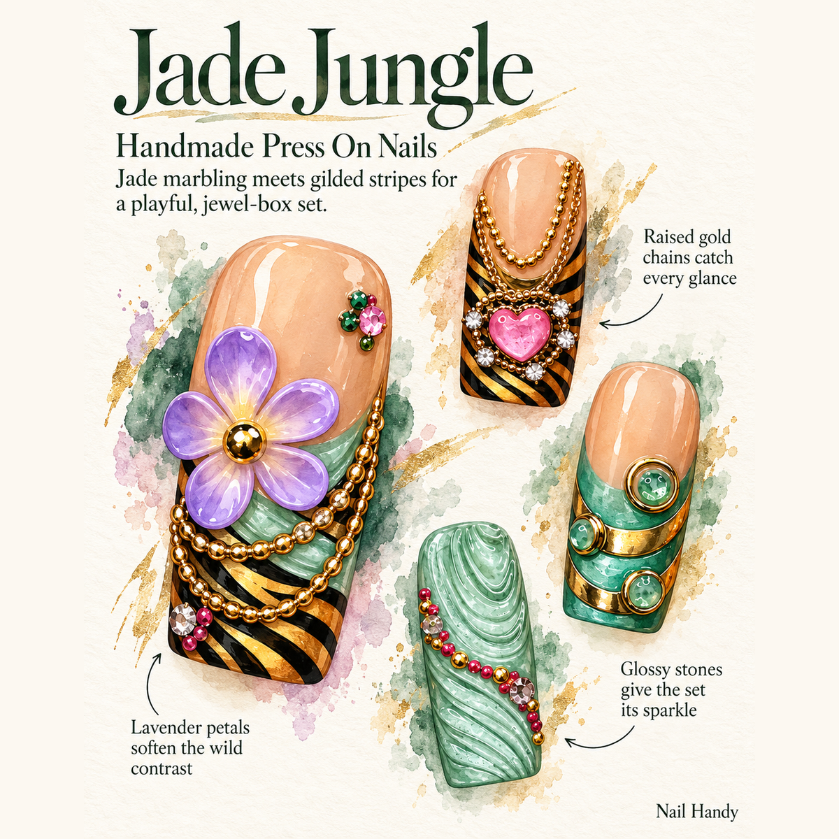 Jade Bloom Bijoux Press-On Nails with Floral and Gold Accents - press-on nail design concept and illustrated product story