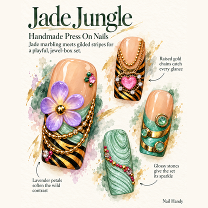 Jade Bloom Bijoux Press-On Nails with Floral and Gold Accents - press-on nail design concept and illustrated product story
