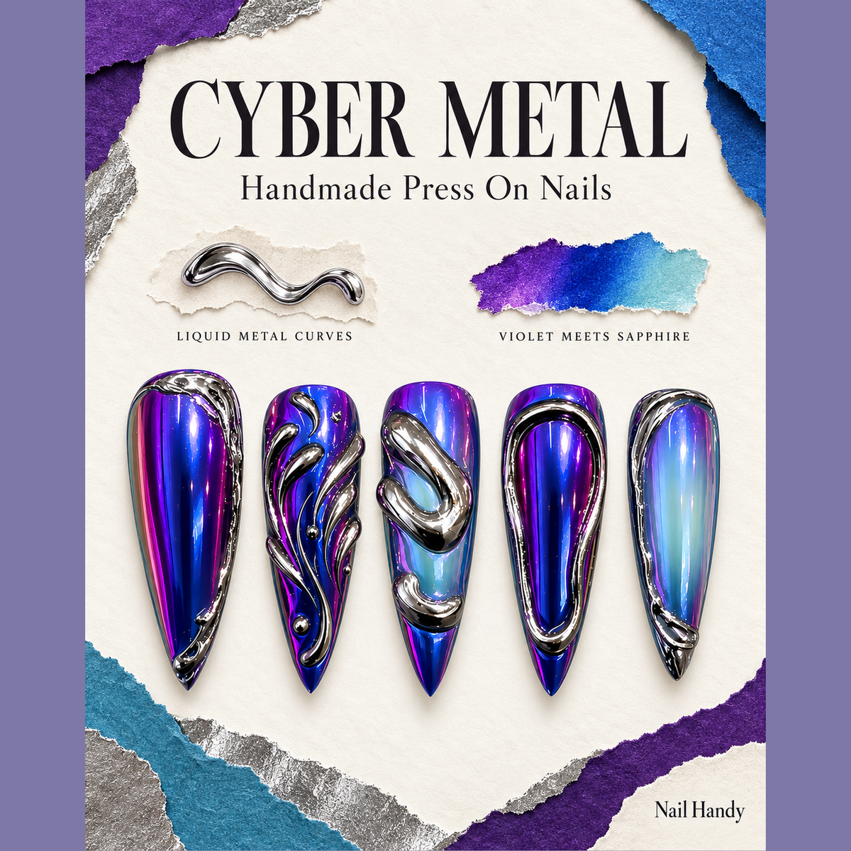 Violet Liquid Metal Press-On Nails with Chrome Swirls - press-on nail design concept and illustrated product story