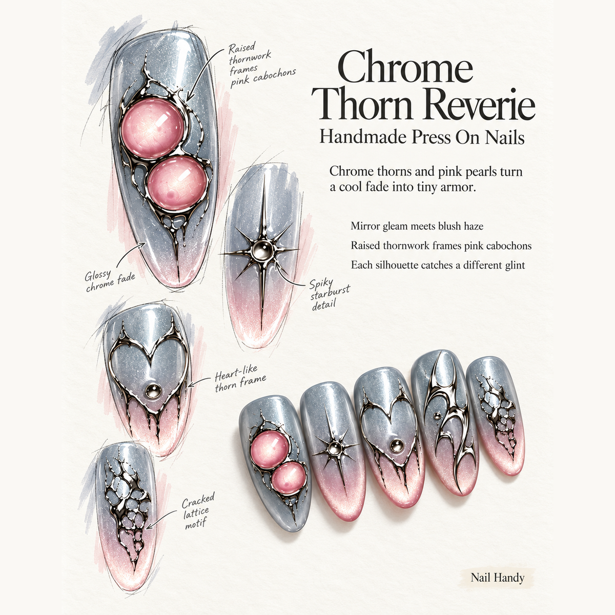 Pink Chrome Orbit Press-On Nails Across Four Shapes - press-on nail design concept and illustrated product story