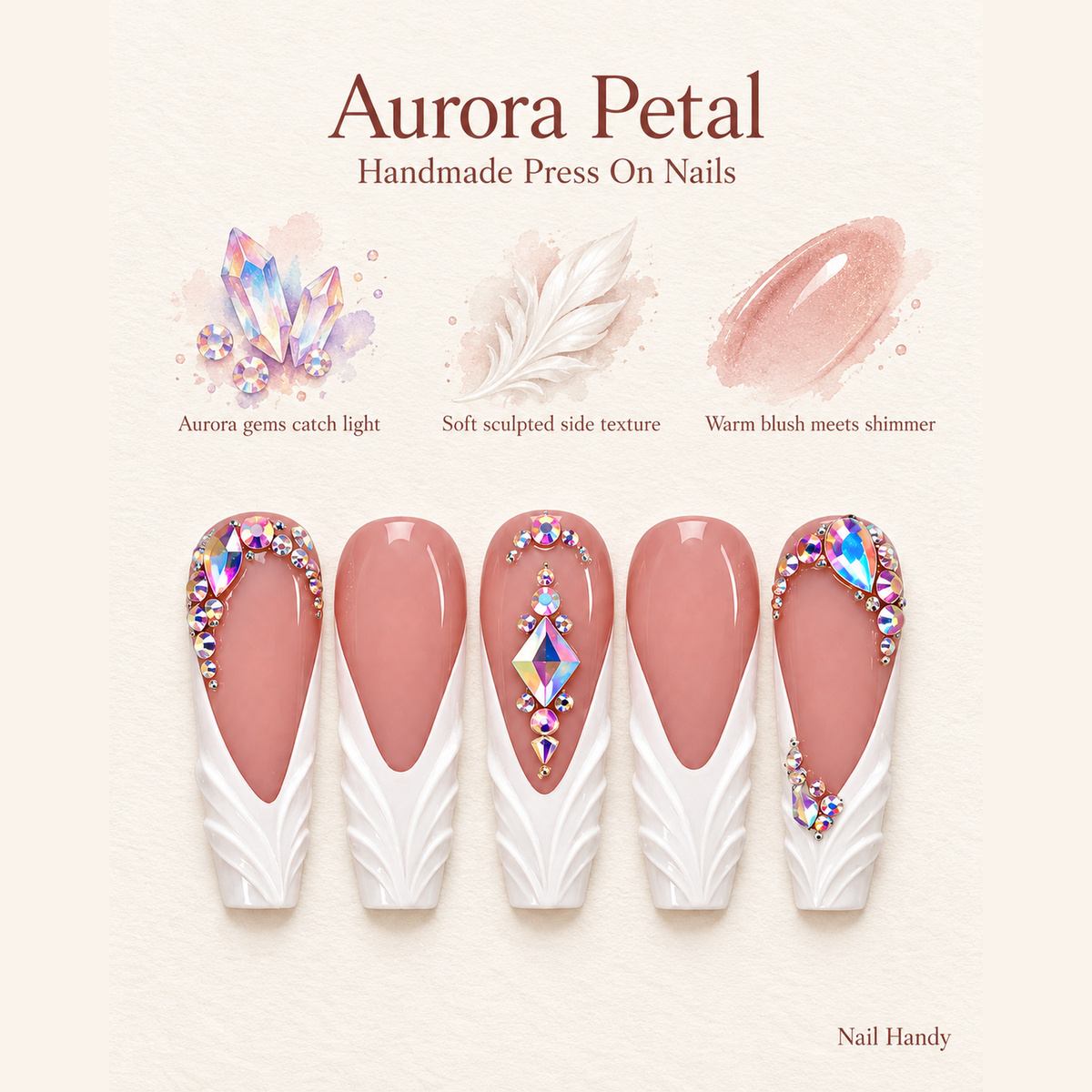 Rose Prism Drapes Press-On Nails with Sculpted White Tips - press-on nail design concept and illustrated product story