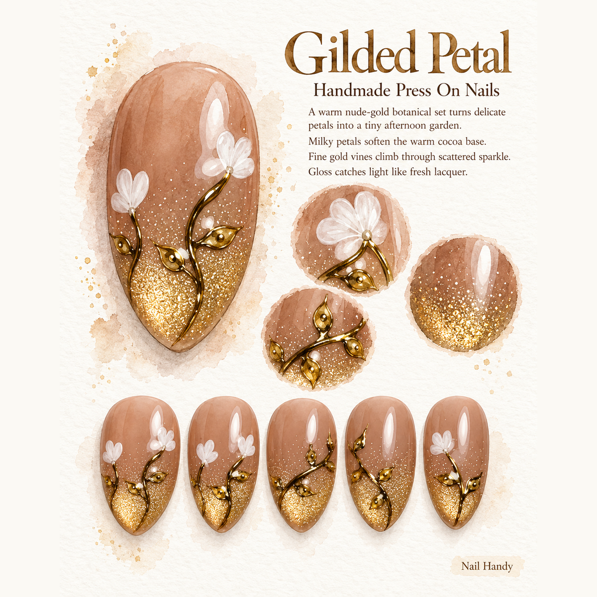 Gilded Blossom Press-On Nails with White Floral Accents - press-on nail design concept and illustrated product story