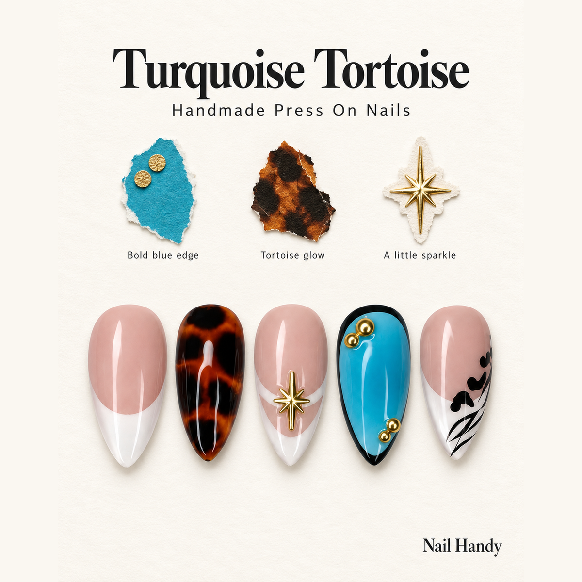 Turquoise Tortoiseshell Muse Press-On Nails - press-on nail design concept and illustrated product story