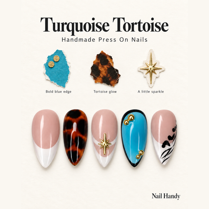 Turquoise Tortoiseshell Muse Press-On Nails - press-on nail design concept and illustrated product story