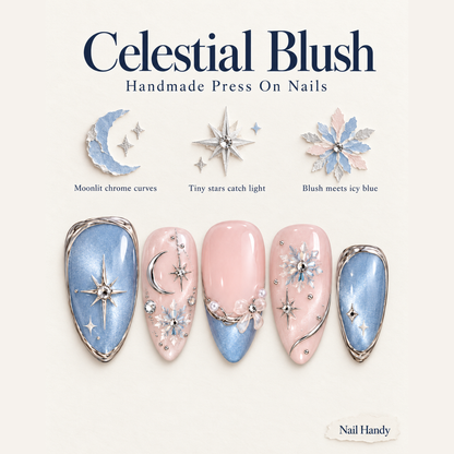 Frosted Moonlight Pink and Blue Press-On Nails - press-on nail design concept and illustrated product story