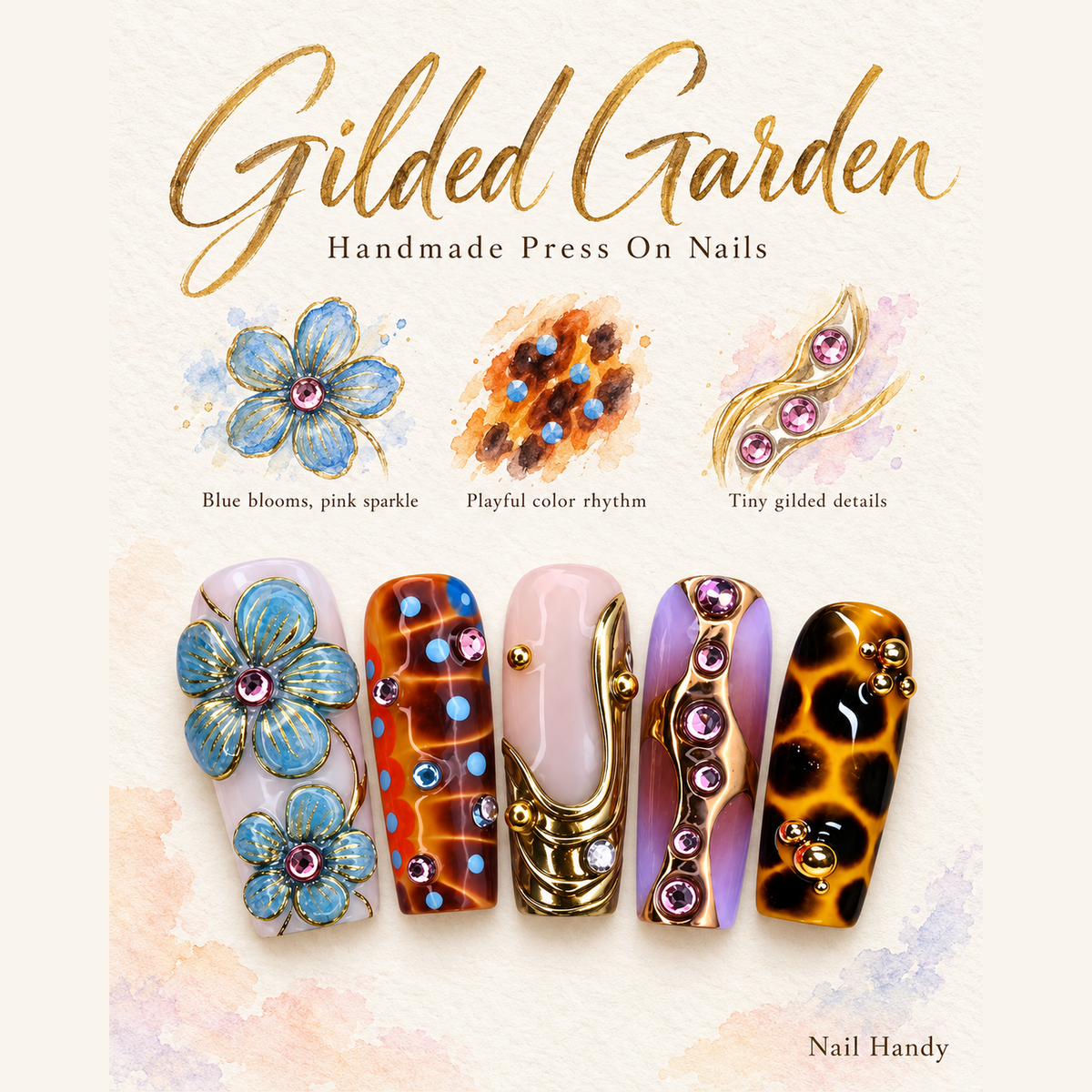 Gilded Mosaic Blooms Press-On Nails - press-on nail design concept and illustrated product story