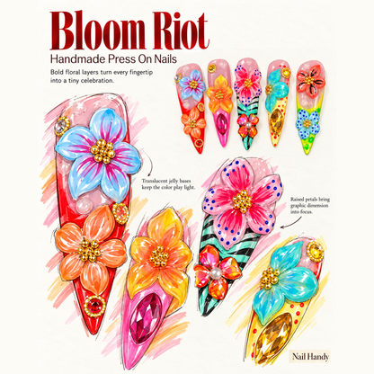 Electric Petal Parade Press-On Nails - press-on nail design concept and illustrated product story