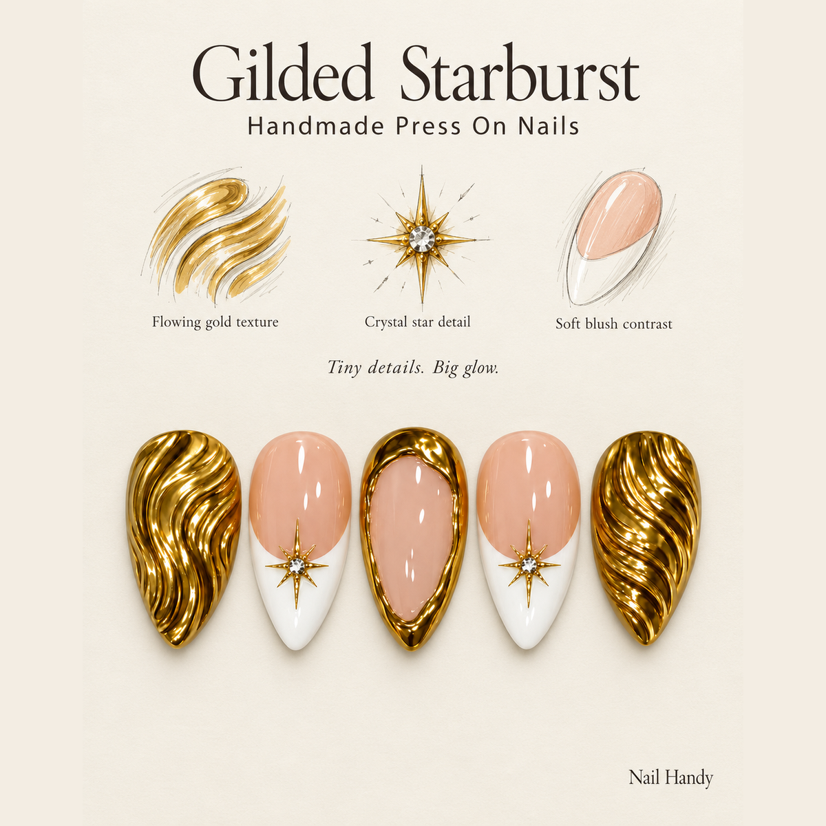 Gilded Starburst Press-On Nails with Gold Wave Accents - press-on nail design concept and illustrated product story