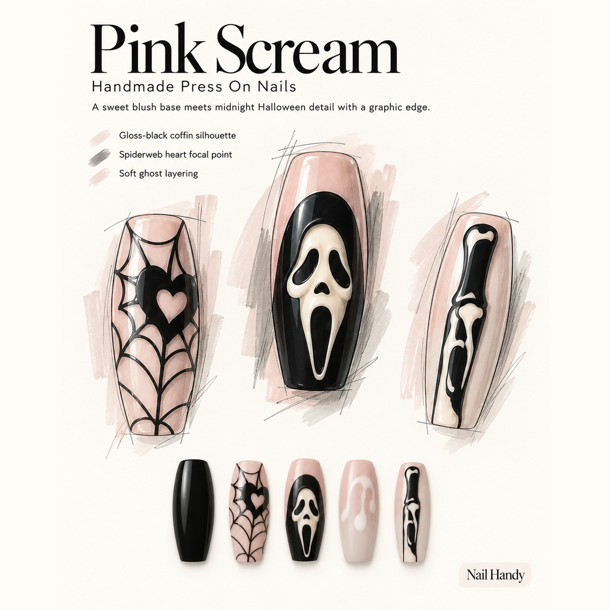 Webbed Noir Press-On Nails with Black Spiderweb Art - press-on nail design concept and illustrated product story