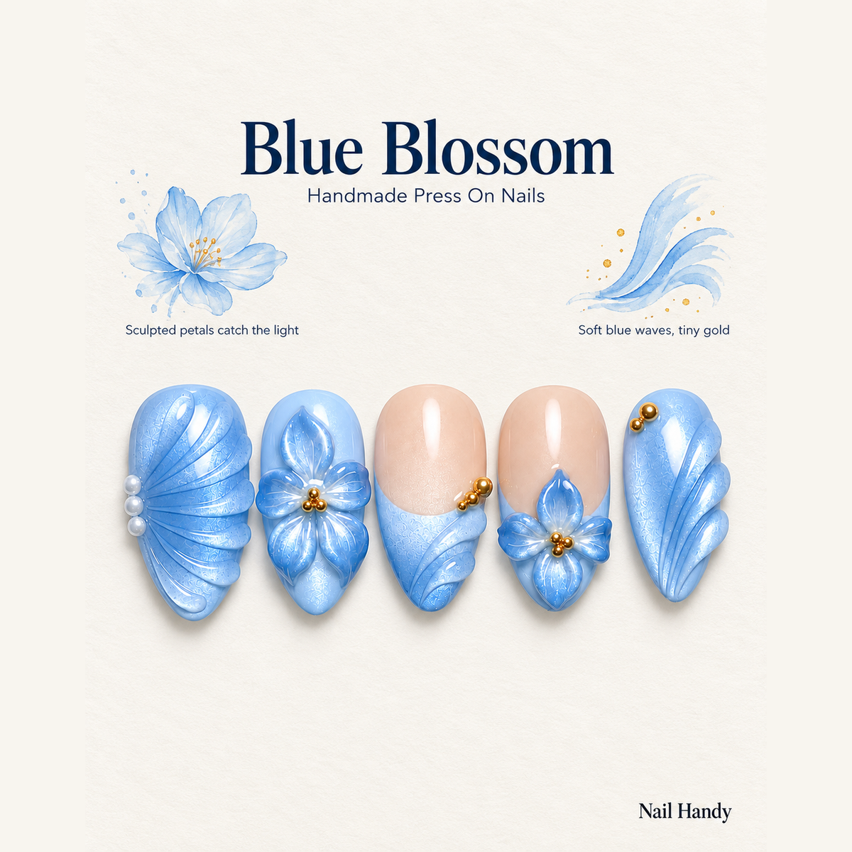 Blue Petal Reverie Press-On Nails | Floral Blue Design - press-on nail design concept and illustrated product story