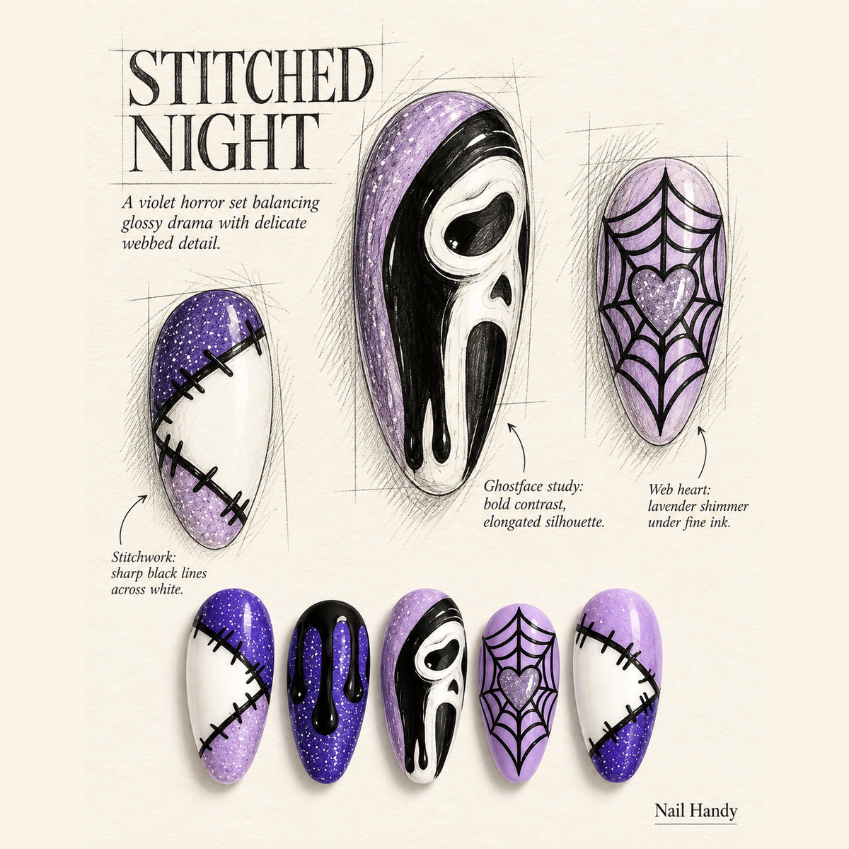 Violet Stitch Web Press-On Nails for Halloween - press-on nail design concept and illustrated product story