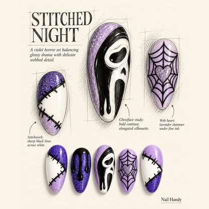 Violet Stitch Web Press-On Nails for Halloween - press-on nail design concept and illustrated product story