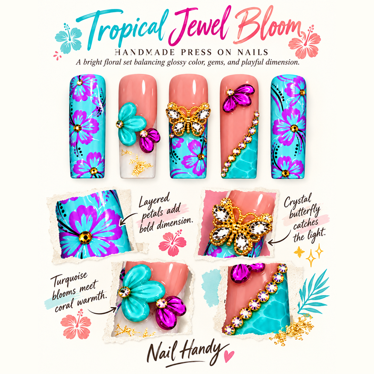Turquoise Butterfly Blooms Press-On Nails - press-on nail design concept and illustrated product story