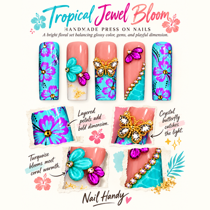 Turquoise Butterfly Blooms Press-On Nails - press-on nail design concept and illustrated product story