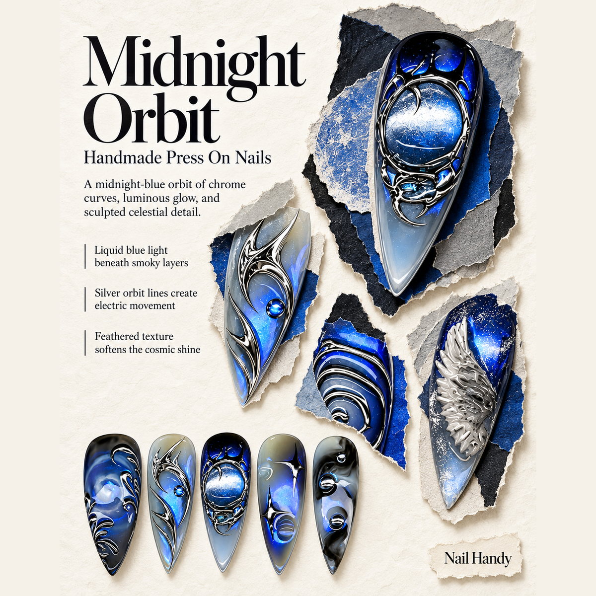 Cobalt Chrome Orbit Press-On Nails silver Celestial Art - press-on nail design concept and illustrated product story