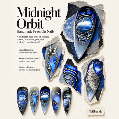 Cobalt Chrome Orbit Press-On Nails silver Celestial Art - press-on nail design concept and illustrated product story