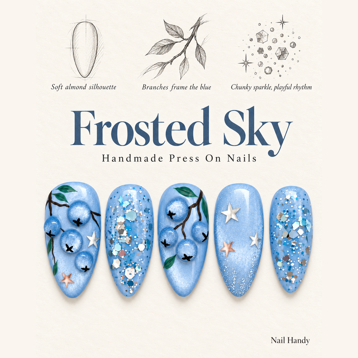 Frosted Blueberry Stars Press-On Nails - press-on nail design concept and illustrated product story