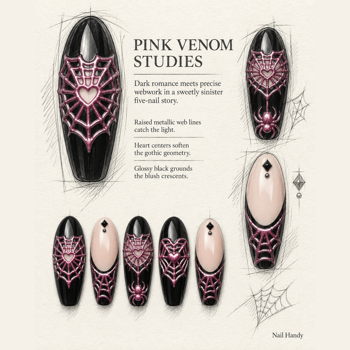 Pink Venom Web Press-On Nails with Heart Spiderweb Details - press-on nail design concept and illustrated product story