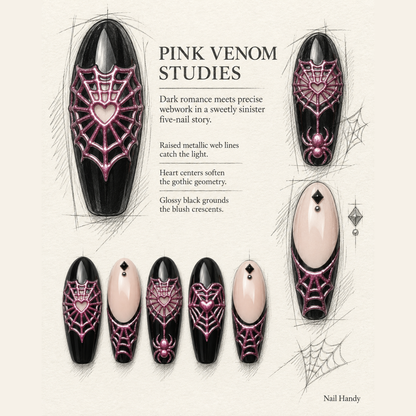 Pink Venom Web Press-On Nails with Heart Spiderweb Details - press-on nail design concept and illustrated product story