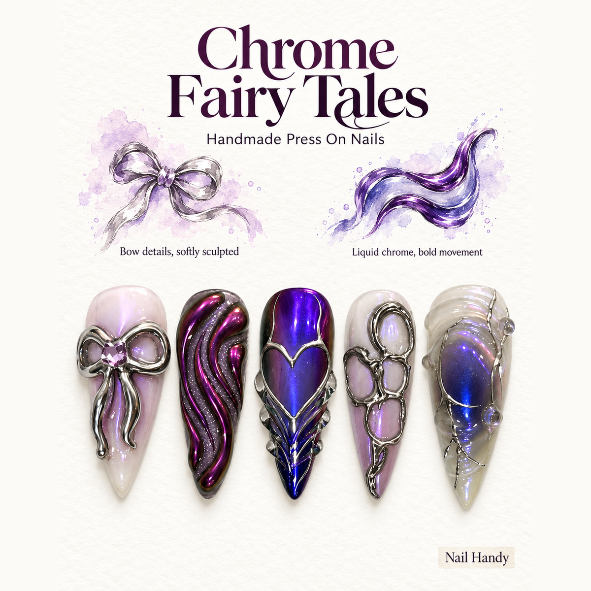 Chrome Bow Reverie Press-On Nails with Purple Heart Details - press-on nail design concept and illustrated product story