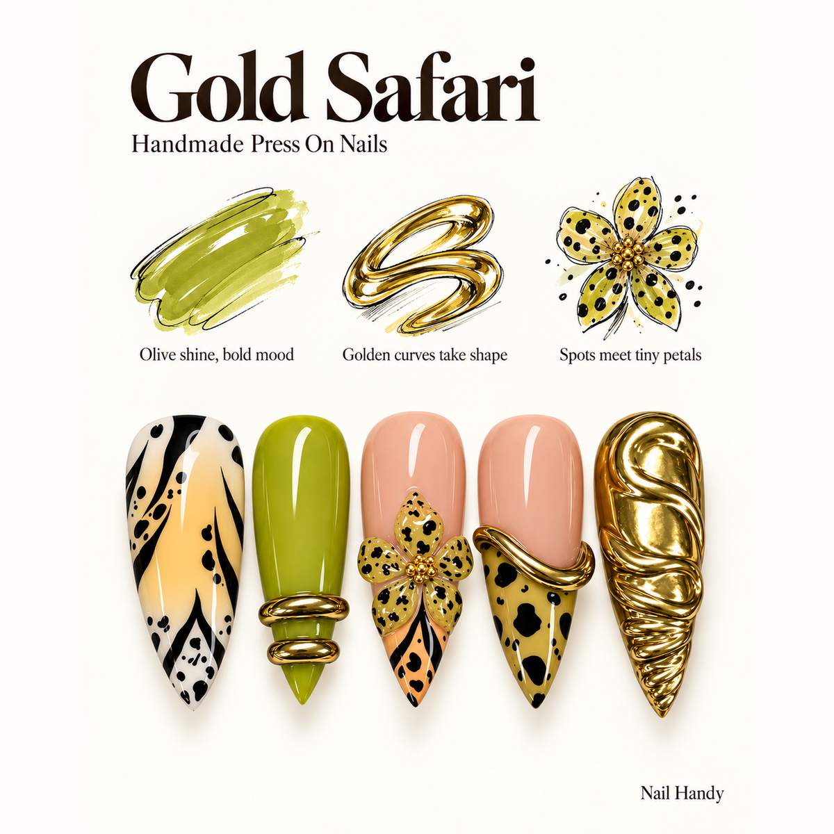 Gilded Chartreuse Bloom Press-On Nails - press-on nail design concept and illustrated product story