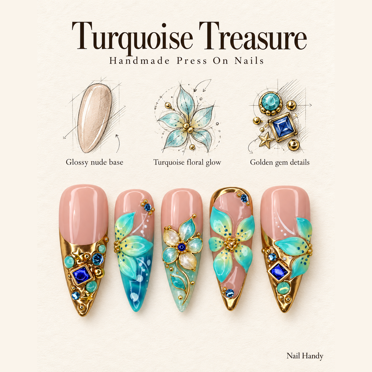 Turquoise Gilded Garden Press-On Nails - press-on nail design concept and illustrated product story