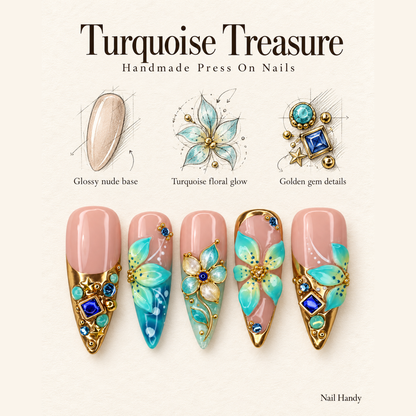 Turquoise Gilded Garden Press-On Nails - press-on nail design concept and illustrated product story