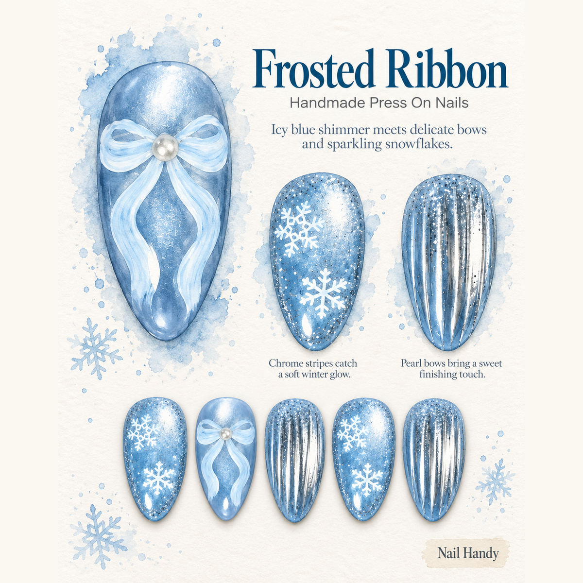 Snowfall Ribbon Press-On Nails with Icy Blue Bows - press-on nail design concept and illustrated product story