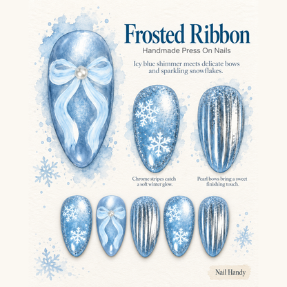 Snowfall Ribbon Press-On Nails with Icy Blue Bows - press-on nail design concept and illustrated product story