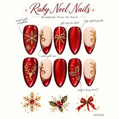 Ruby Gilded Christmas Press-On Nails - press-on nail design concept and illustrated product story