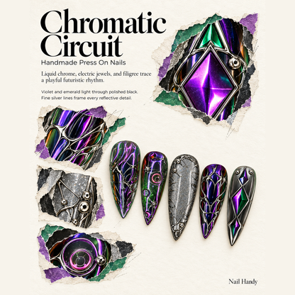 Prismatic Gothic Press-On Nails with Silver Scrollwork - press-on nail design concept and illustrated product story