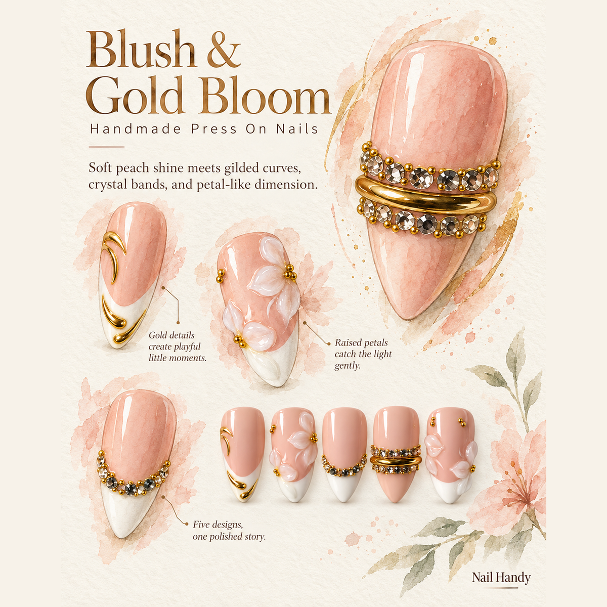 Blush Gilded Petals Press-On Nails with Floral Accents - press-on nail design concept and illustrated product story