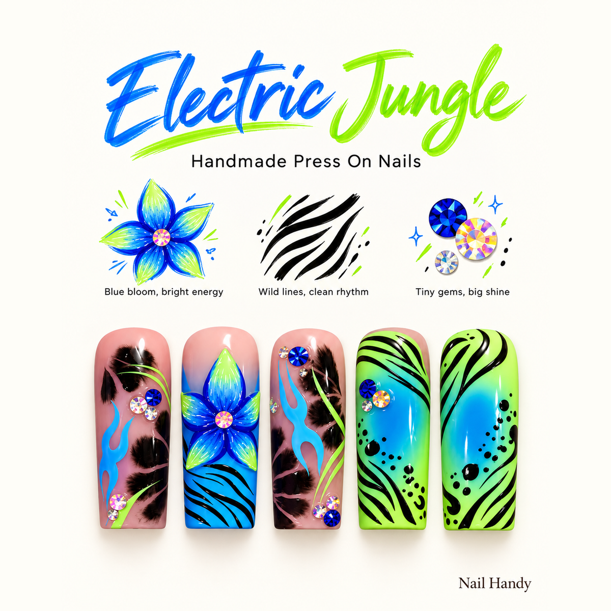 Electric Jungle Blooms Press-On Nails - press-on nail design concept and illustrated product story