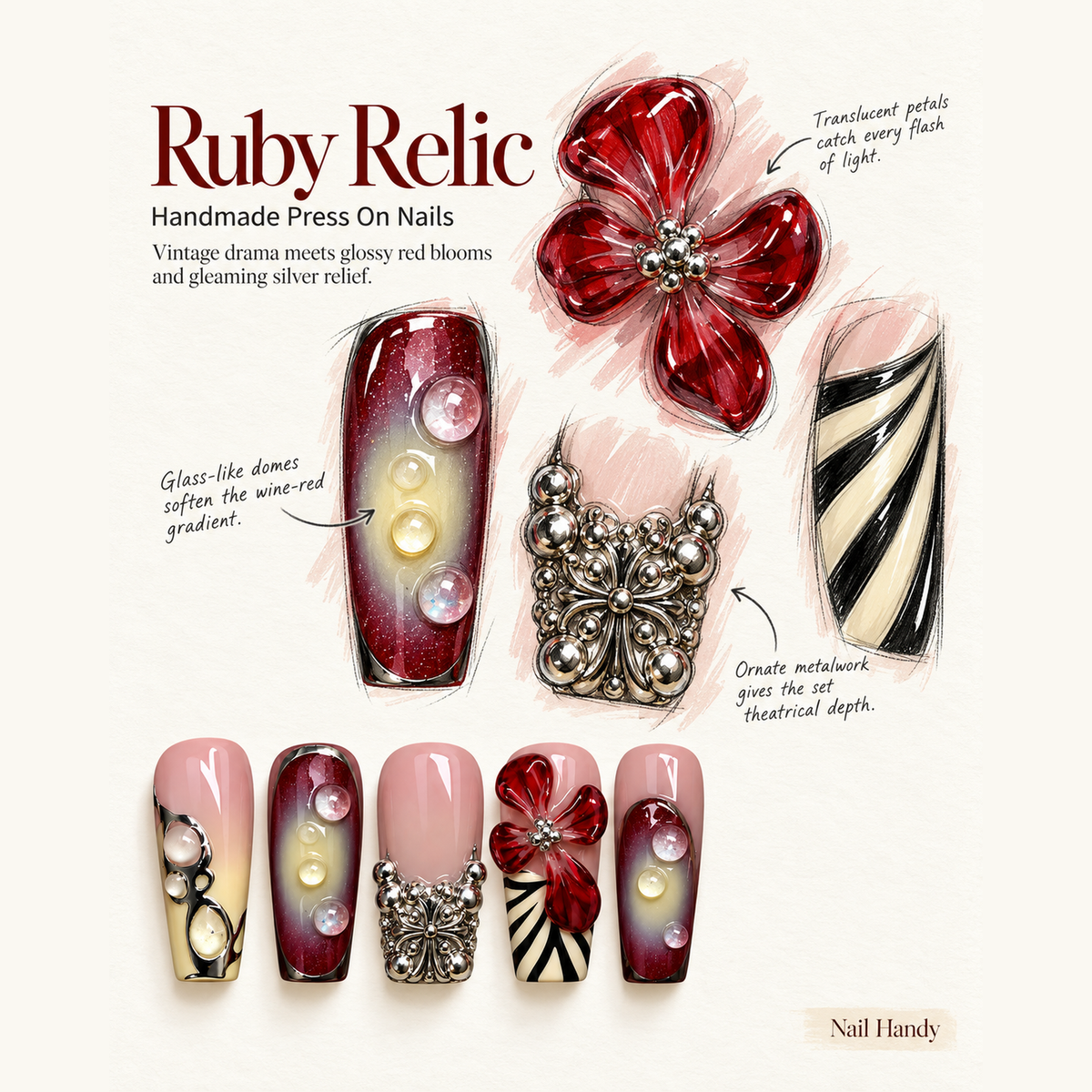 Ruby Bloom Reverie Press-On Nails with Silver Accents - press-on nail design concept and illustrated product story
