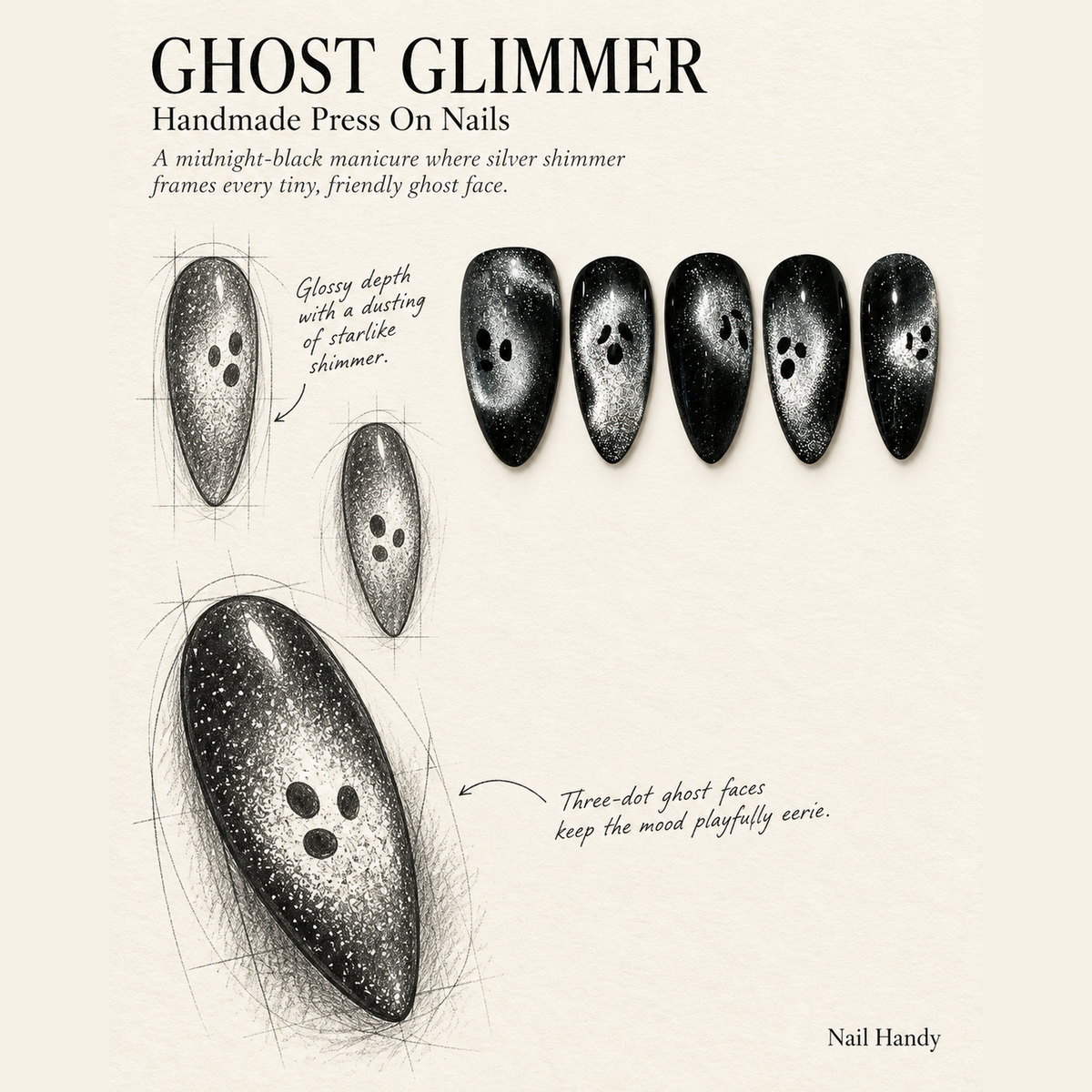 Midnight Ghost Shimmer Press-On Nails - press-on nail design concept and illustrated product story