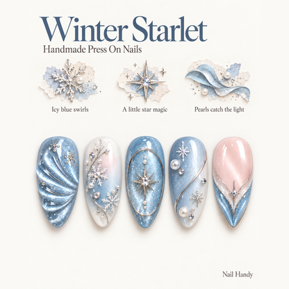 Winter Starfall Press-On Nails with Snowflake and Pearl Accents - press-on nail design concept and illustrated product story