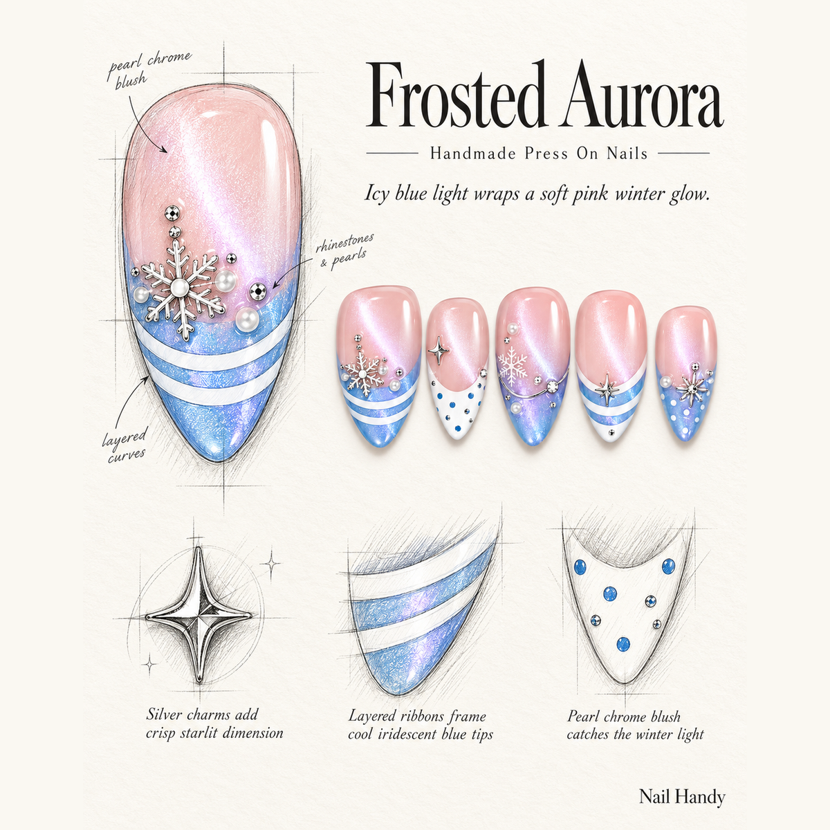 Blush Snowfall Press-On Nails with Icy Blue Tips - press-on nail design concept and illustrated product story