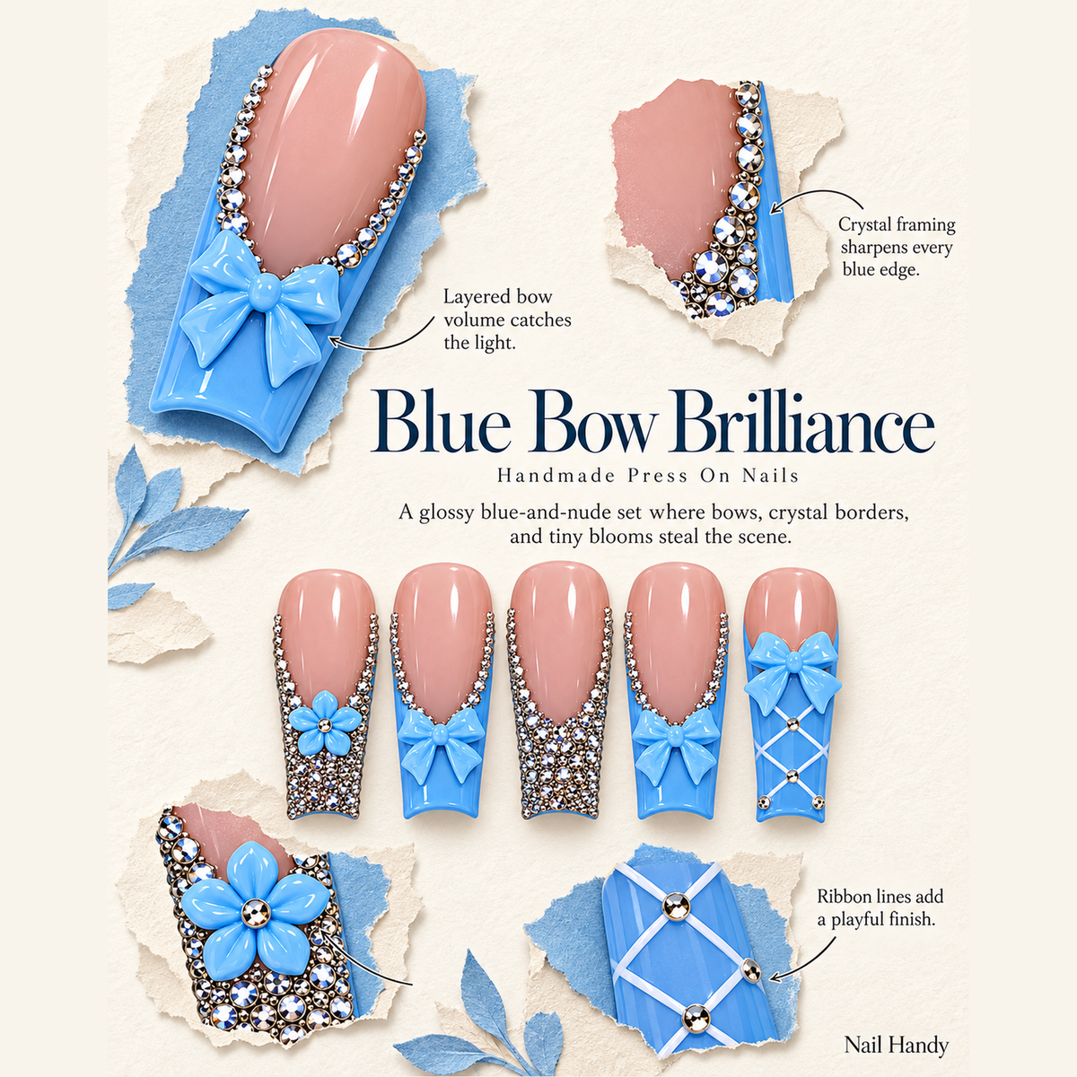 Blue Bow Sparkle Press-On Nails with Floral Accents - press-on nail design concept and illustrated product story