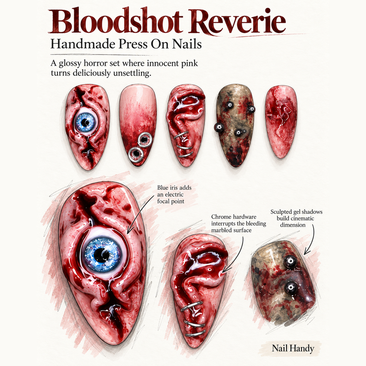 Bloodshot Gaze Press-On Nails for Halloween - press-on nail design concept and illustrated product story