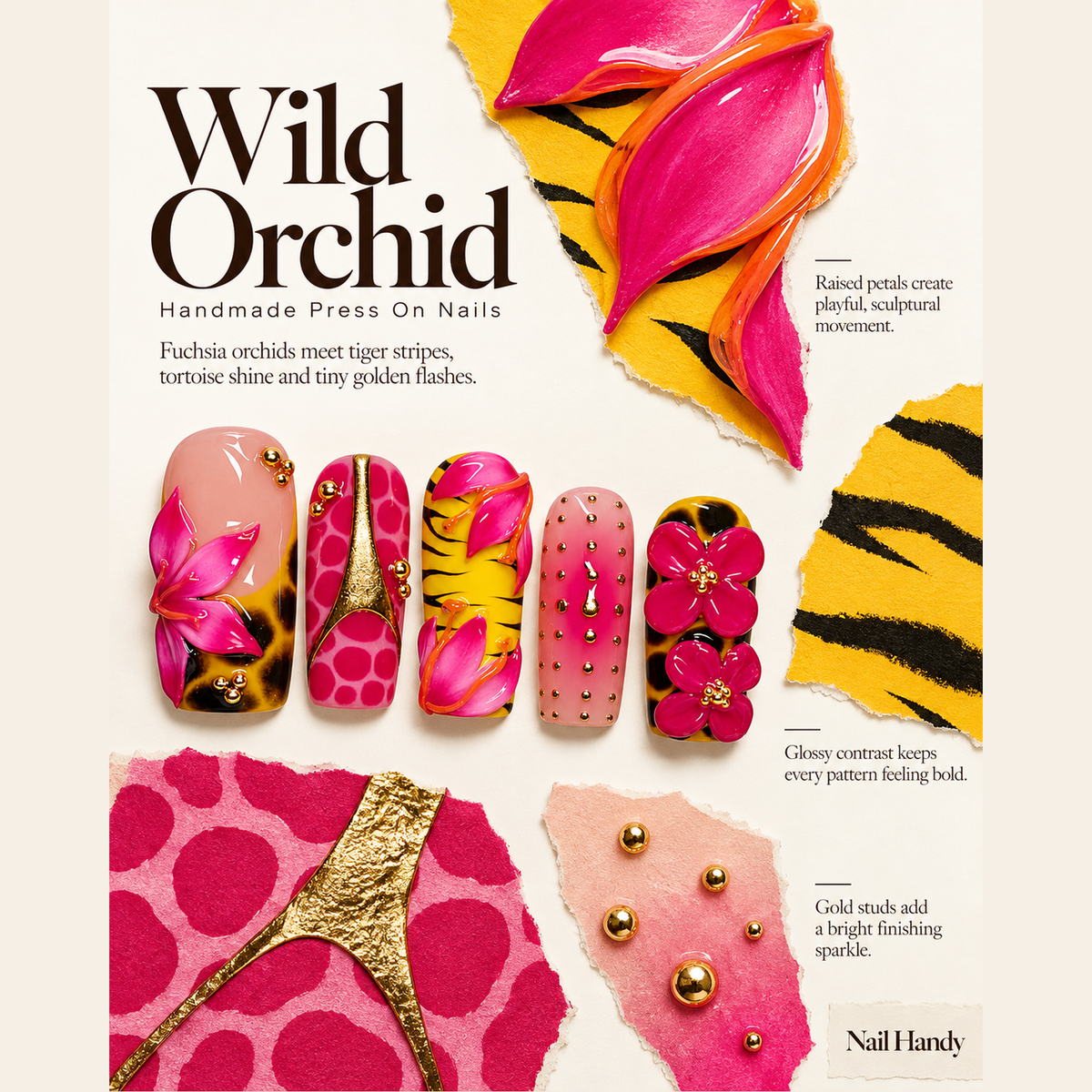 Wild Orchid Sun Press-On Nails with Pink Florals - press-on nail design concept and illustrated product story
