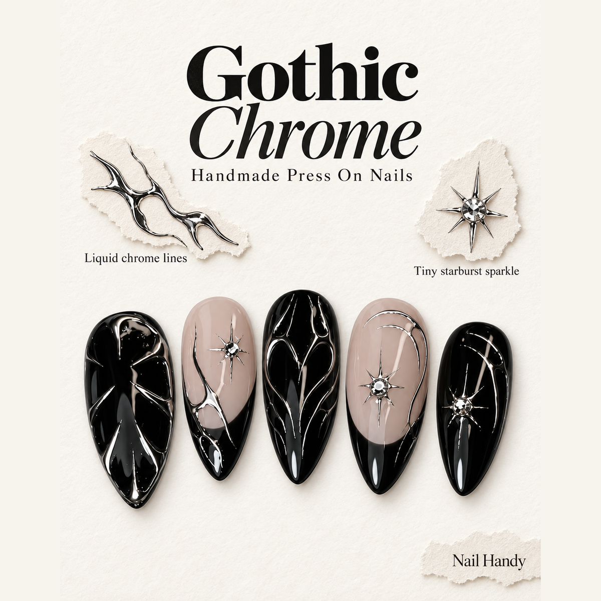 Midnight Chrome Rose Press-On Nails - press-on nail design concept and illustrated product story