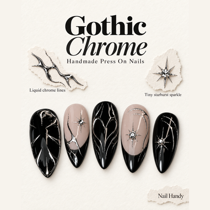 Midnight Chrome Rose Press-On Nails - press-on nail design concept and illustrated product story