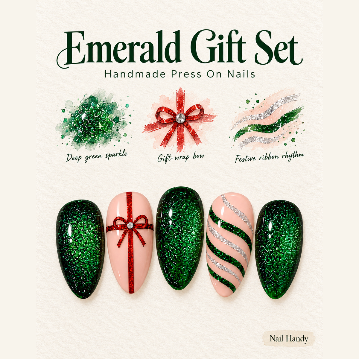 Emerald Gift Bow Christmas Press-On Nails - press-on nail design concept and illustrated product story